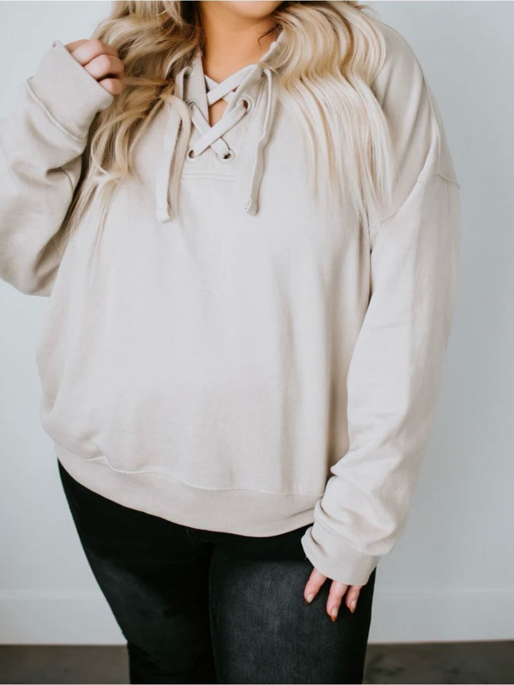 Lace-Up V-Neck Pullover Hoodie - Cream